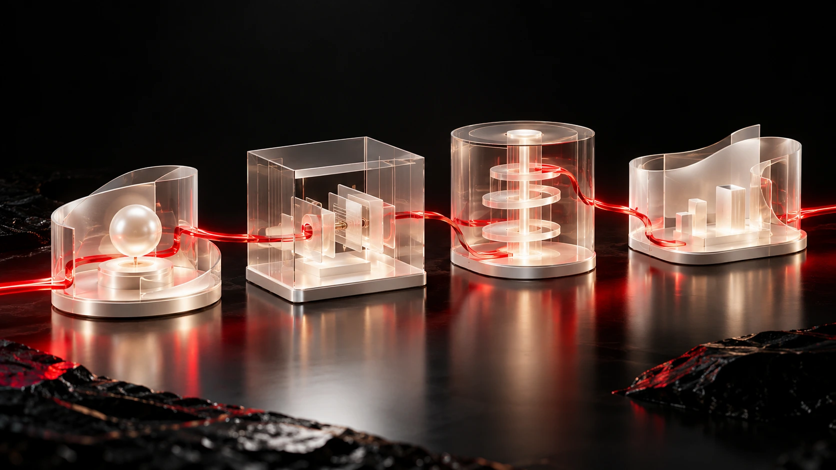 Pearl translucent modules connected by a single crimson path on black