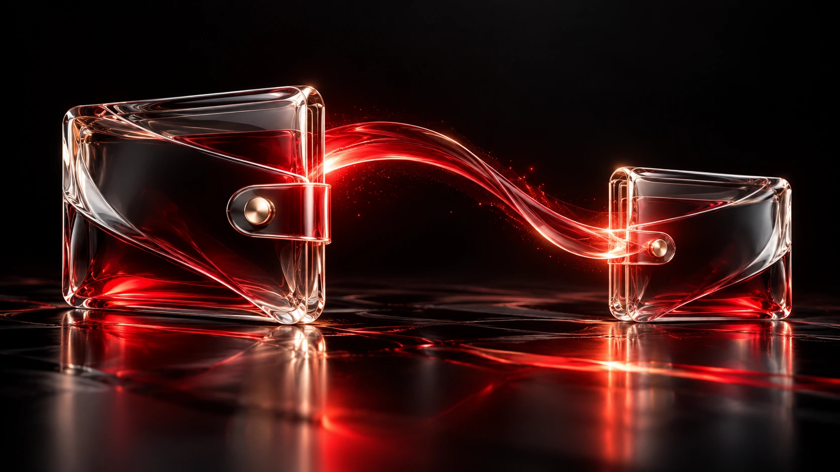 Two refined translucent forms joined by a crimson light bridge, no token or currency symbols